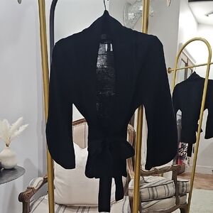 BCBGMAXAZRIA Black Cropped Belted Shawl Collar Cardigan Sweater – Size S